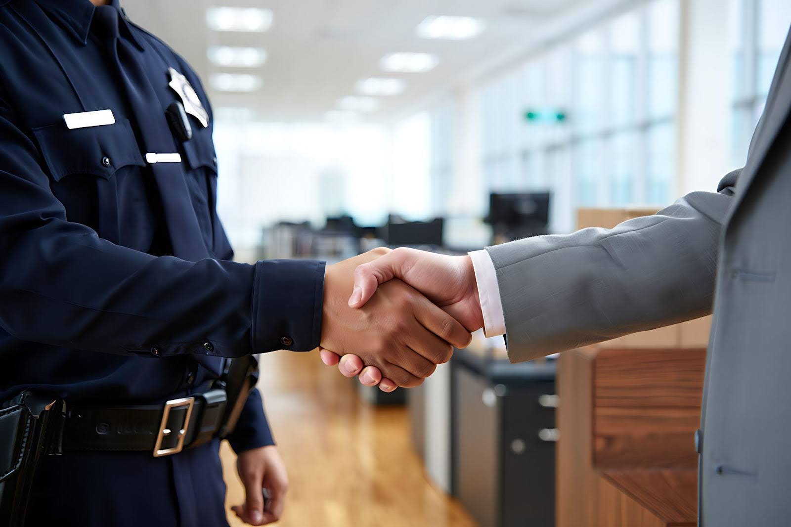 Two police officers shaking hands in an office symbolizing collaboration and partnership in law enforcement