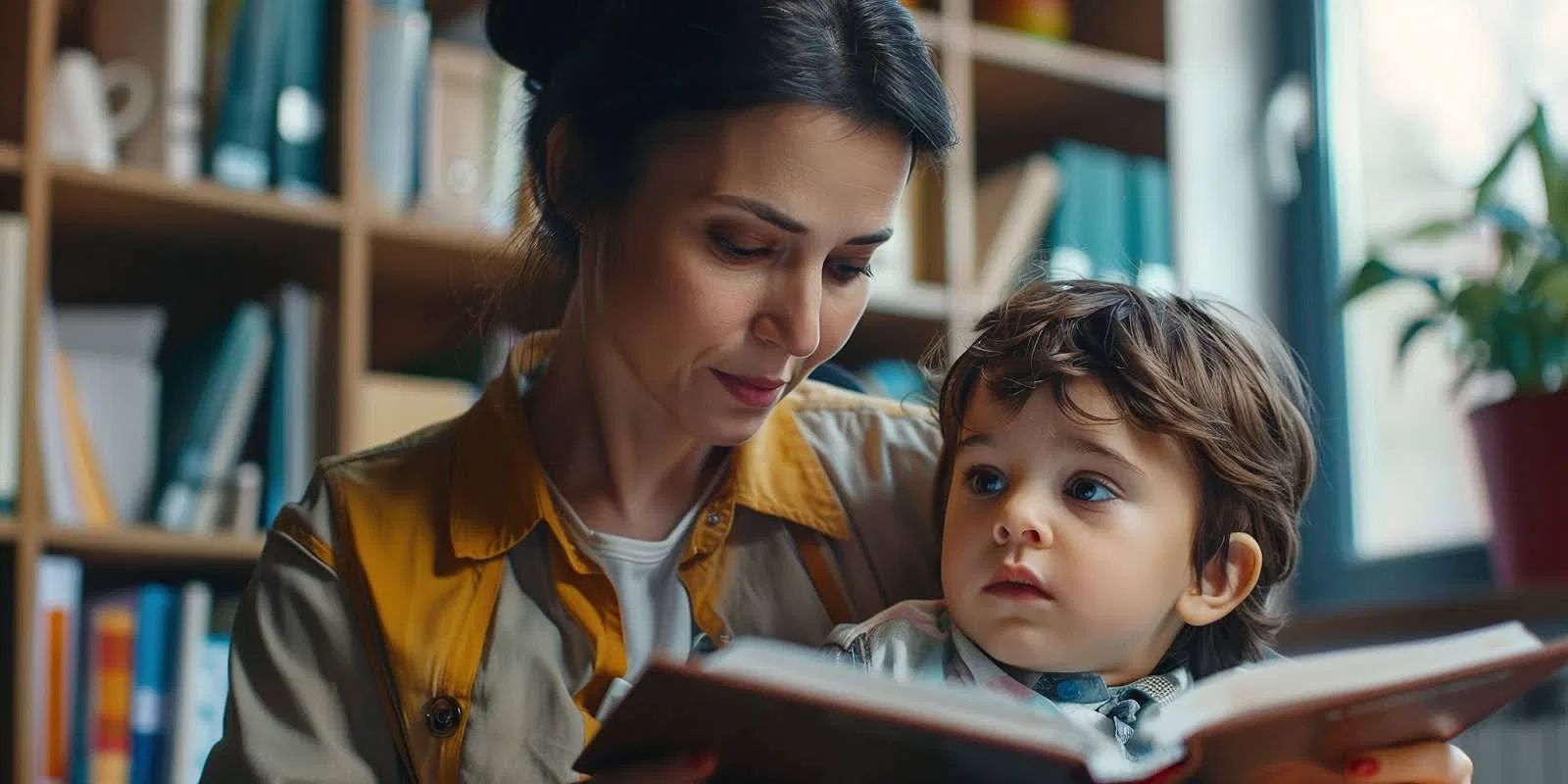 A woman and a child share a moment of learning while reading a book together.