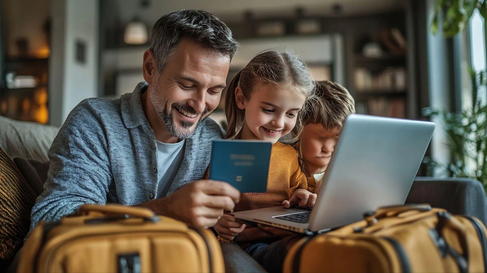 A man and two children are seated on a couch, surrounded by luggage, suggesting a family trip or travel preparation