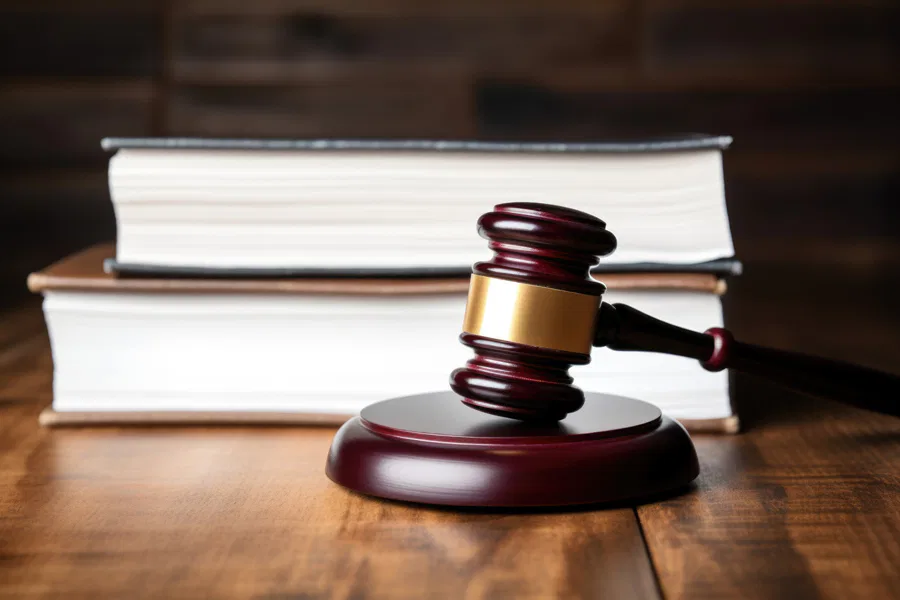 A wooden gavel resting on a desk in front of two legal books, symbolizing justice and law. Burton Family Attorneys.