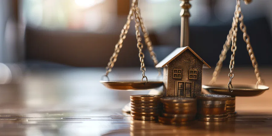 A house and coins balanced on scales of justice, symbolizing the relationship between property and financial equity.