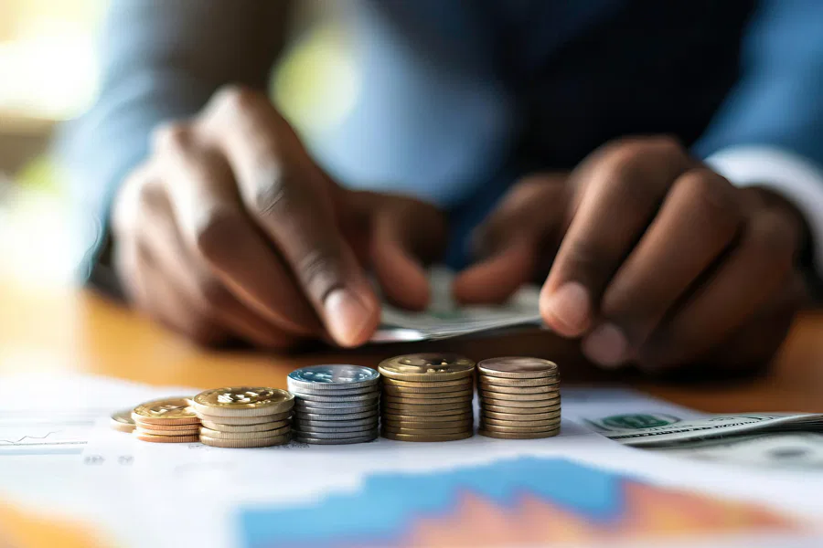 A businessman confidently holds stacks of coins and bills, symbolizing financial success and investment opportunities.