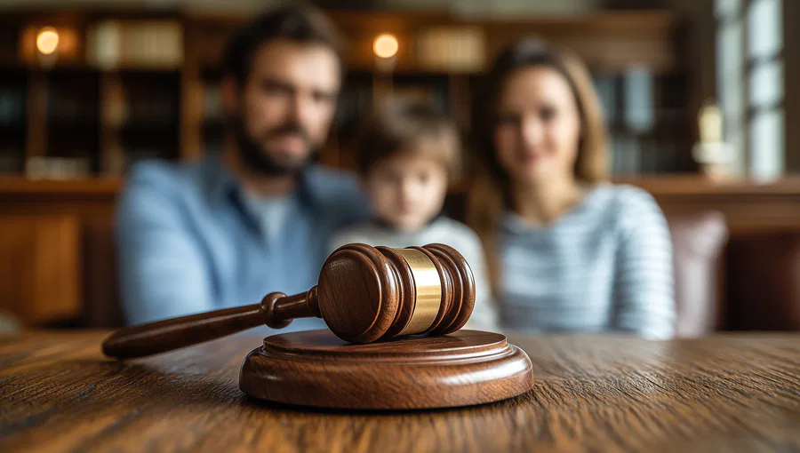 A wooden gavel on a desk with a blurred family in the background, symbolizing family law and custody cases. Burton Family Attorneys.