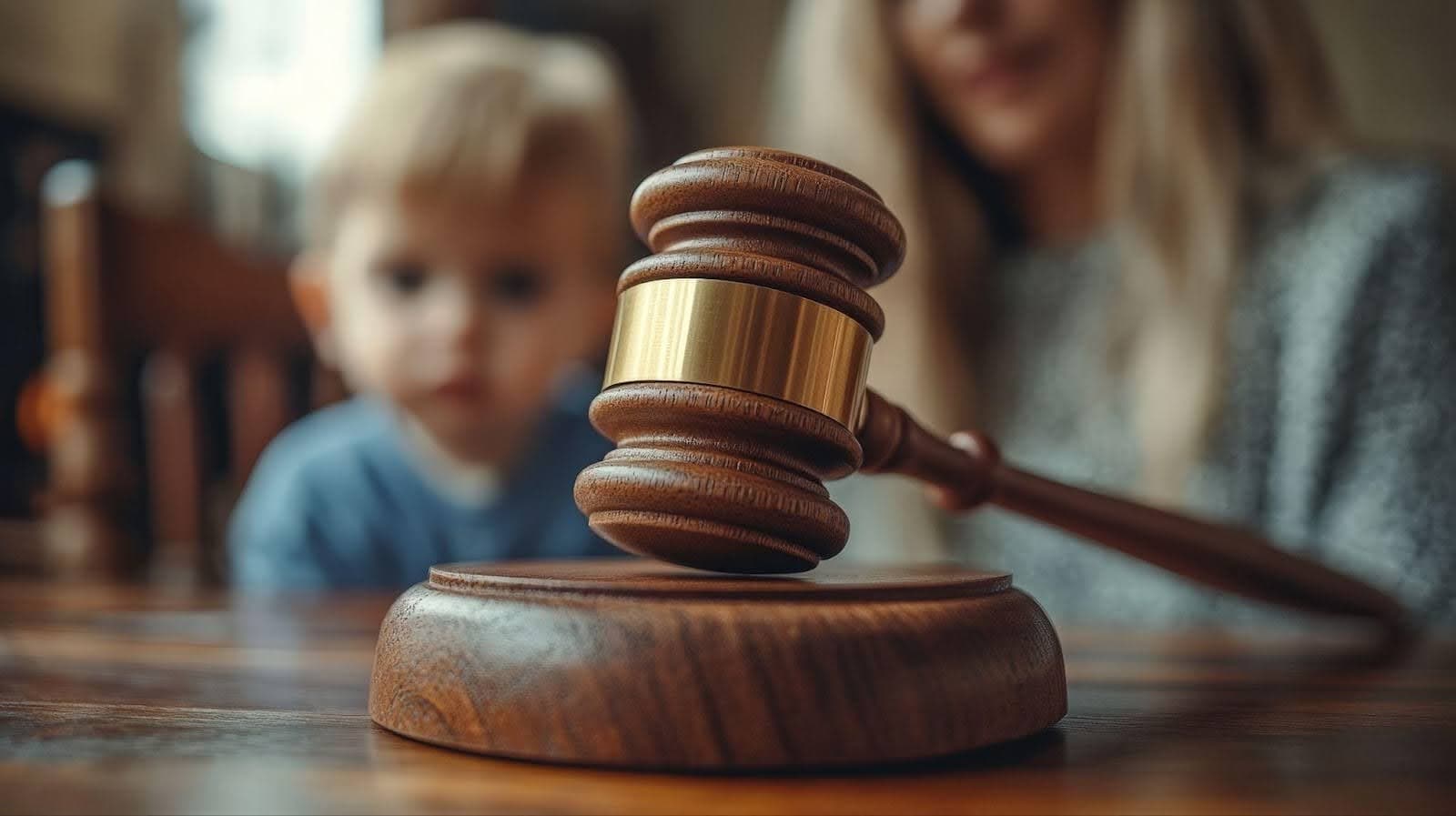 A judge's gavel on a table, with a child in the background, symbolizes justice and innocence