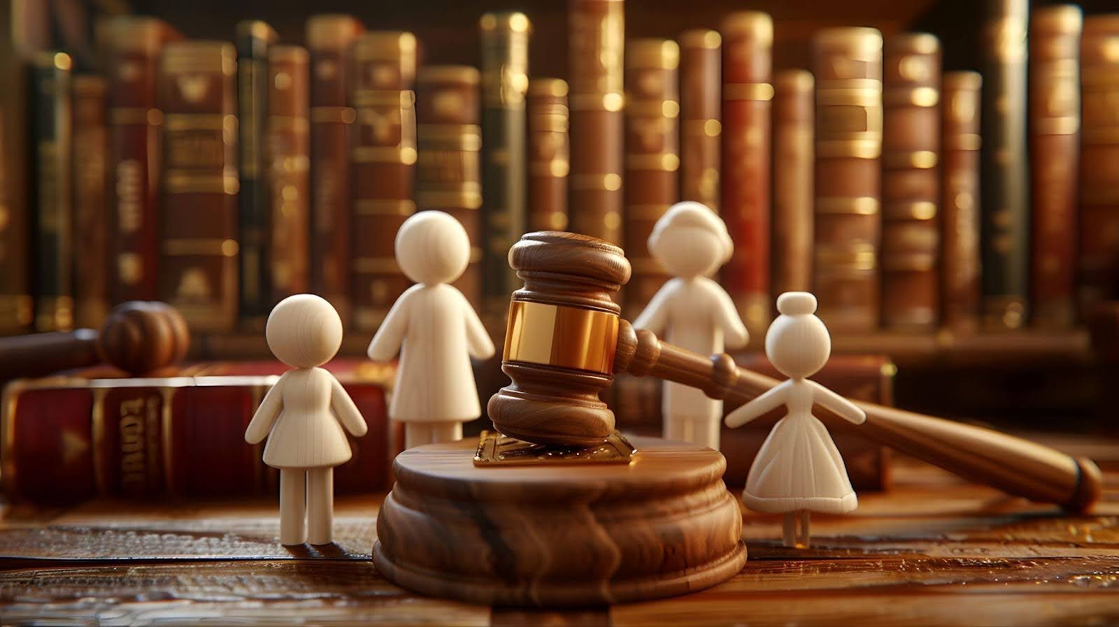 A wooden family figurine next to a judge's gavel illustrates the link between law and family