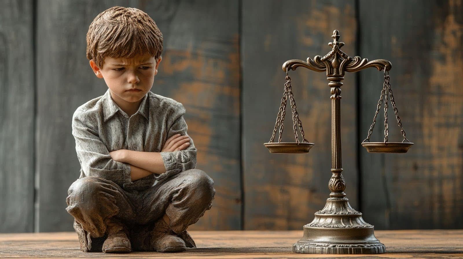 A young boy is seated on a wooden table, examining a balance scale with curiosity