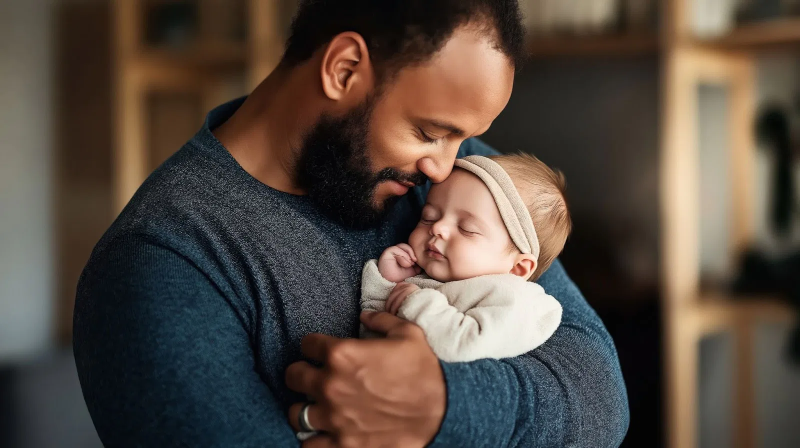 A person in a blue sweater holds a baby with a headband in a cozy indoor setting.