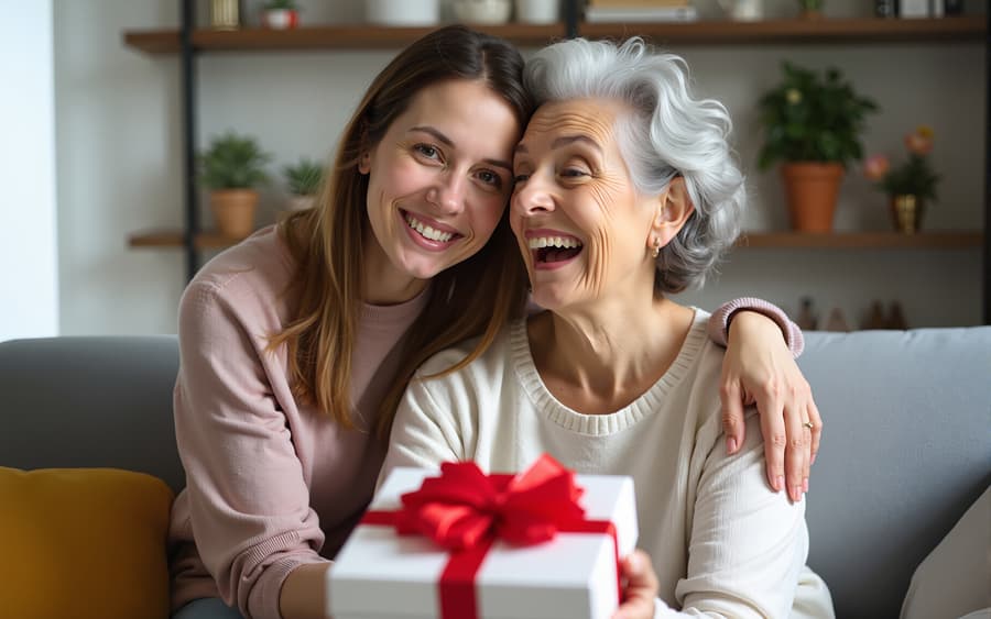 A woman presents a gift box to an older woman sitting on a couch, with a logo for Burton Family Attorneys in the background.